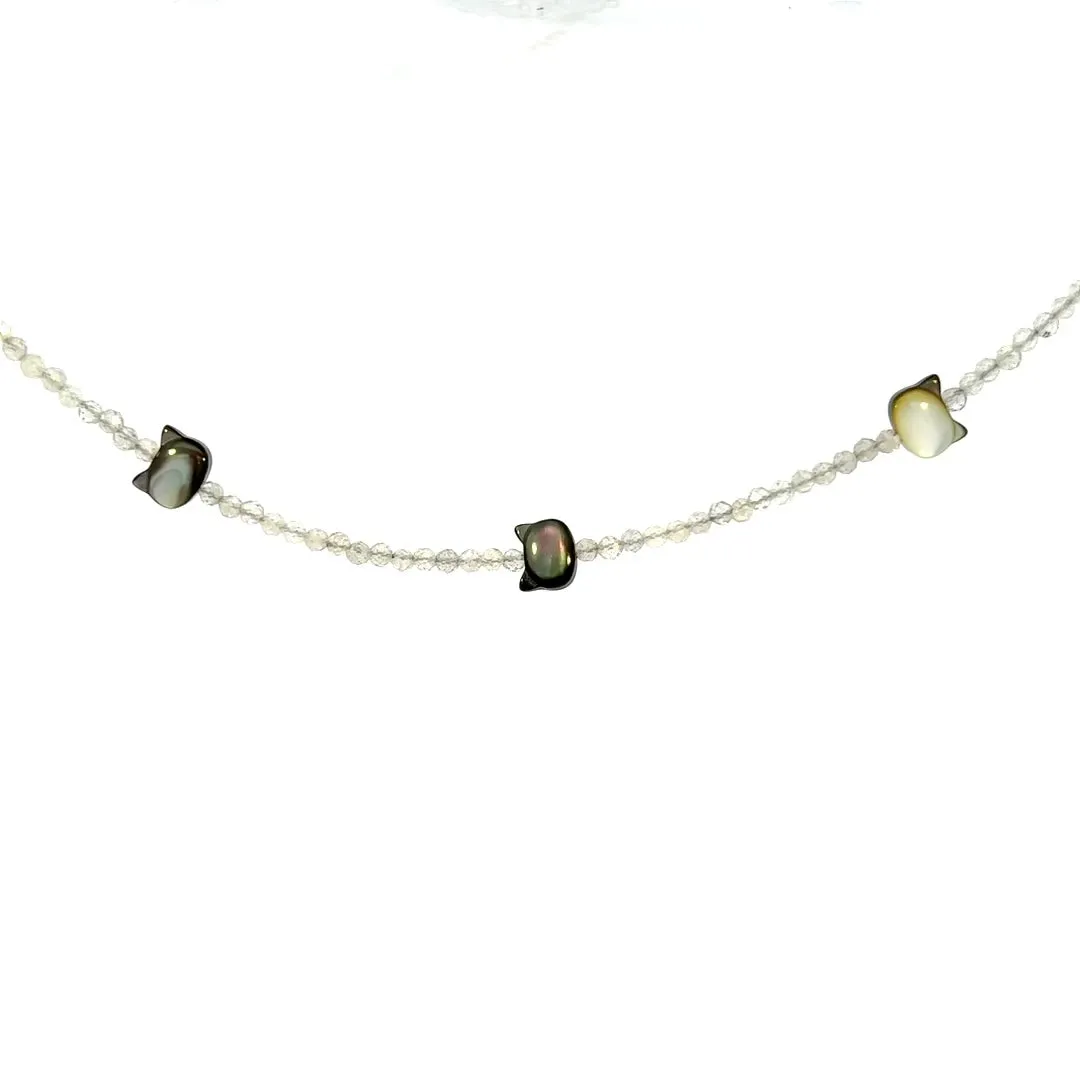 Dainty Labradorite Choker Necklace With Cats of Black Mother of Pearl 14k GF Gold