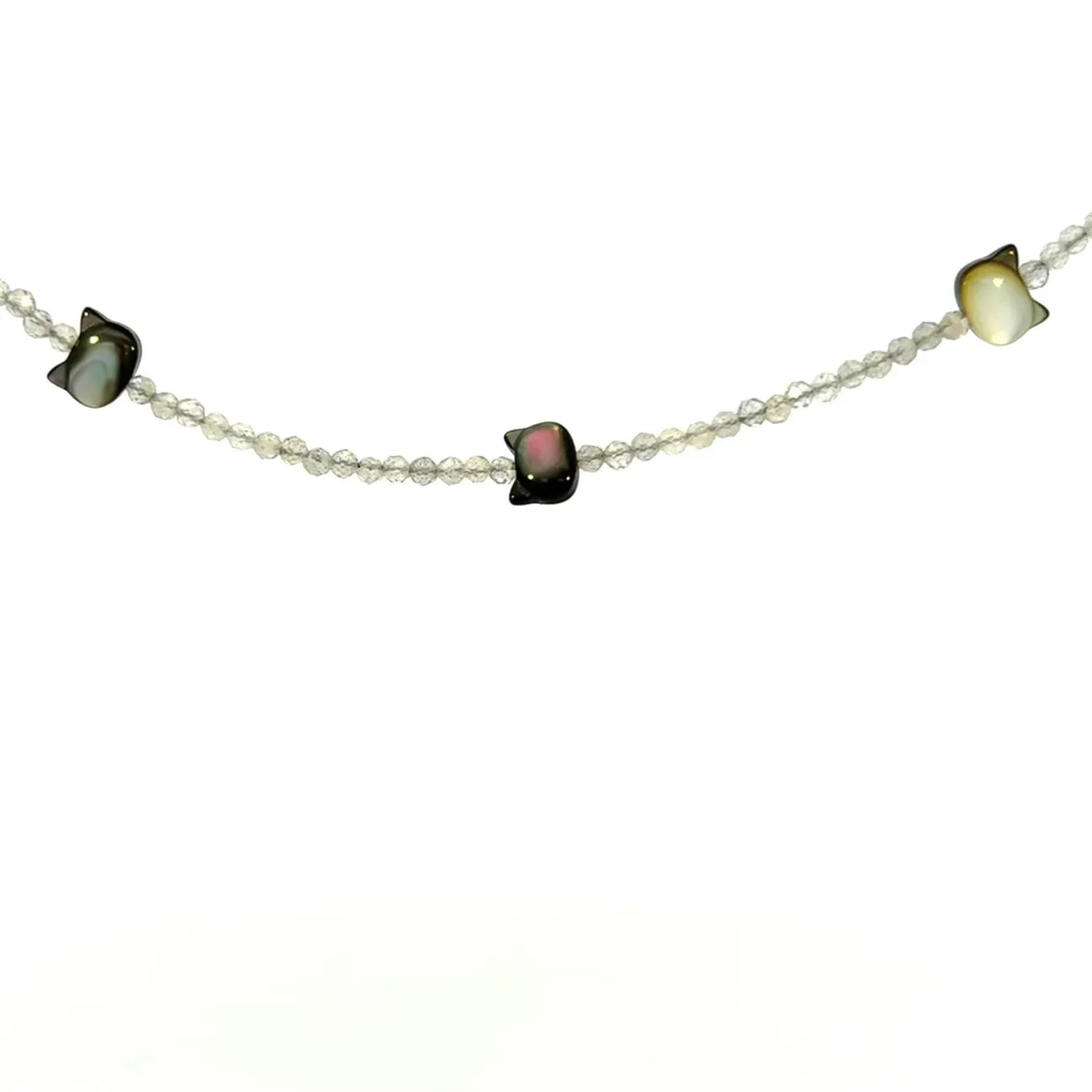 Dainty Labradorite Choker Necklace With Cats of Black Mother of Pearl 14k GF Gold