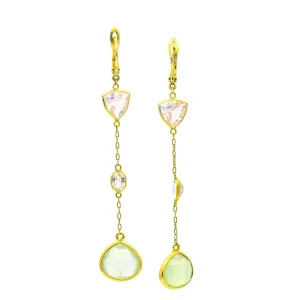 Dangle Drop Pink and Green Quartz Earrings in 14k Yellow Gold