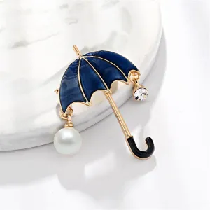 Dark Blue Enamel & Cubic Zirconia 18K Gold-Plated Umbrella Brooch