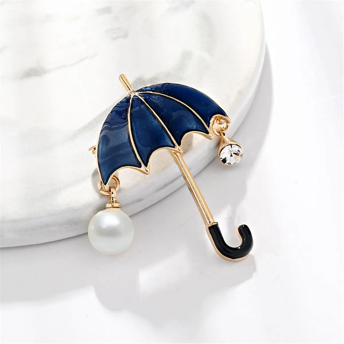 Dark Blue Enamel & Cubic Zirconia 18K Gold-Plated Umbrella Brooch