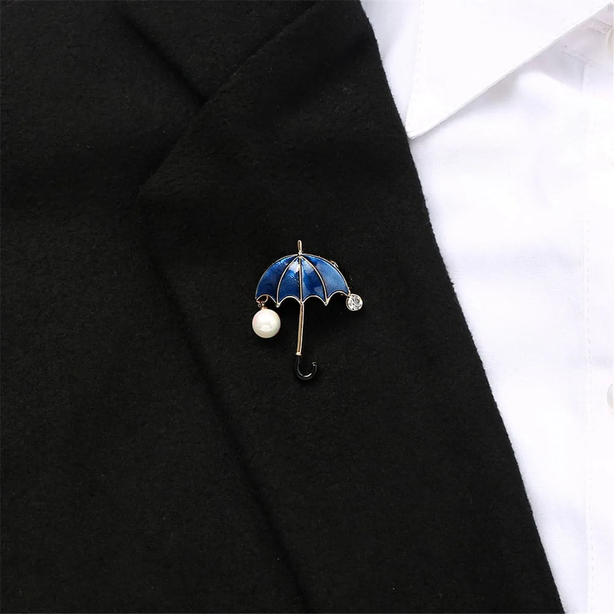 Dark Blue Enamel & Cubic Zirconia 18K Gold-Plated Umbrella Brooch