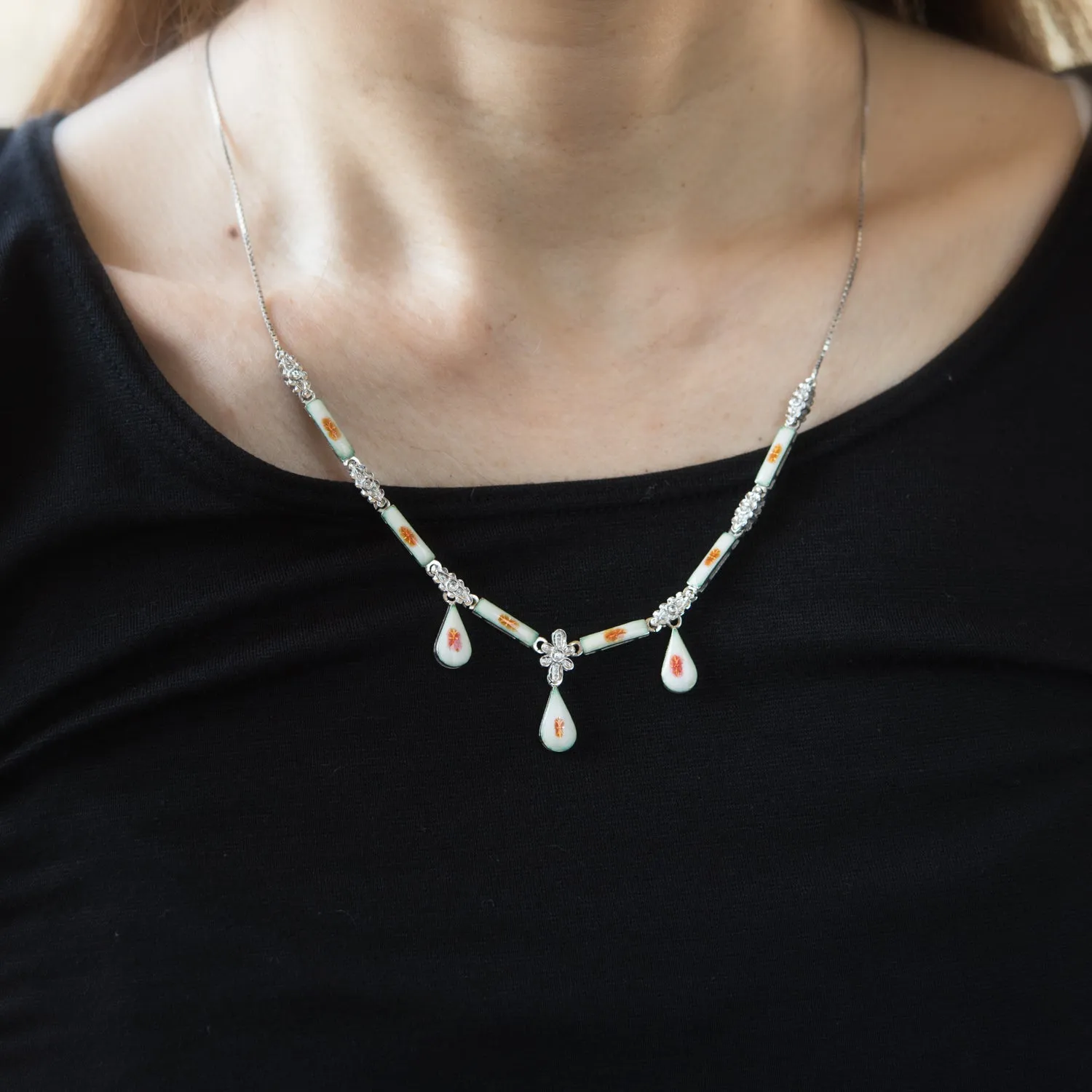 Day & Night Reversible Enamel Necklace Vintage 18k White Gold