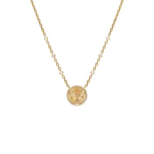 Diamond Butterfly Ridged Coin Necklace 14K