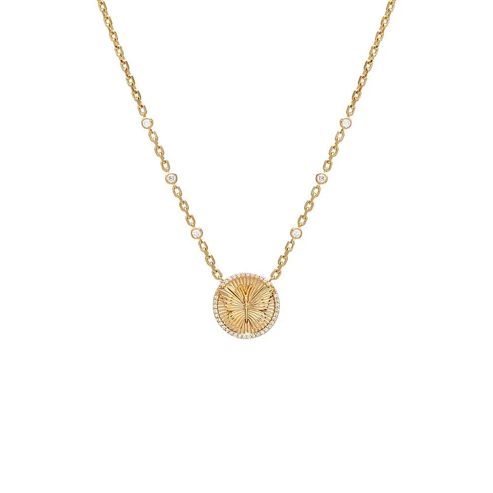 Diamond Butterfly Ridged Coin Necklace 14K
