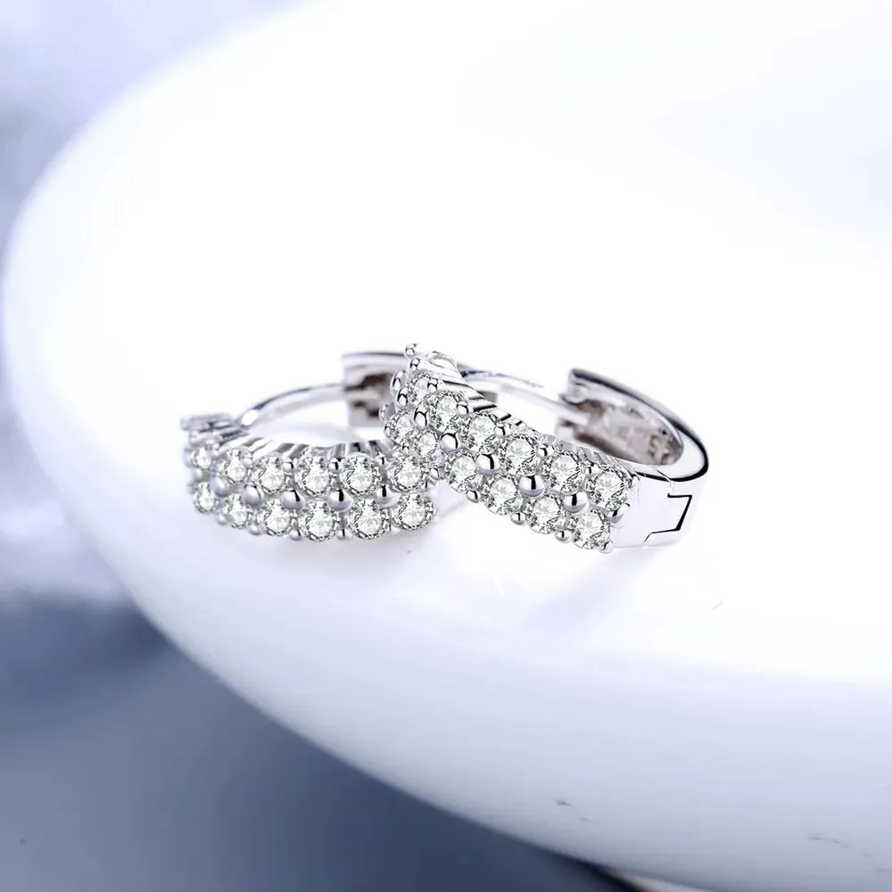 Double Row Zircon Round Stud Earrings Fashion  Jewelry Silver Needle