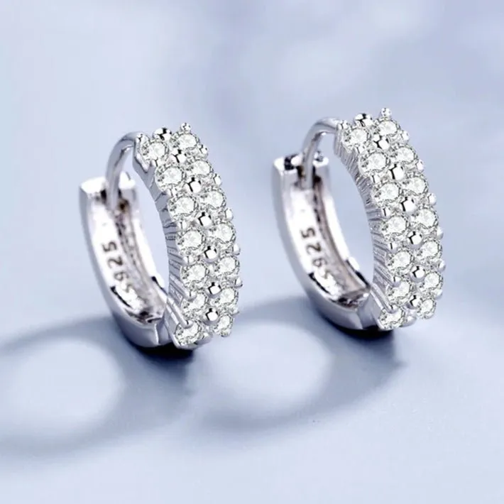 Double Row Zircon Round Stud Earrings Fashion  Jewelry Silver Needle