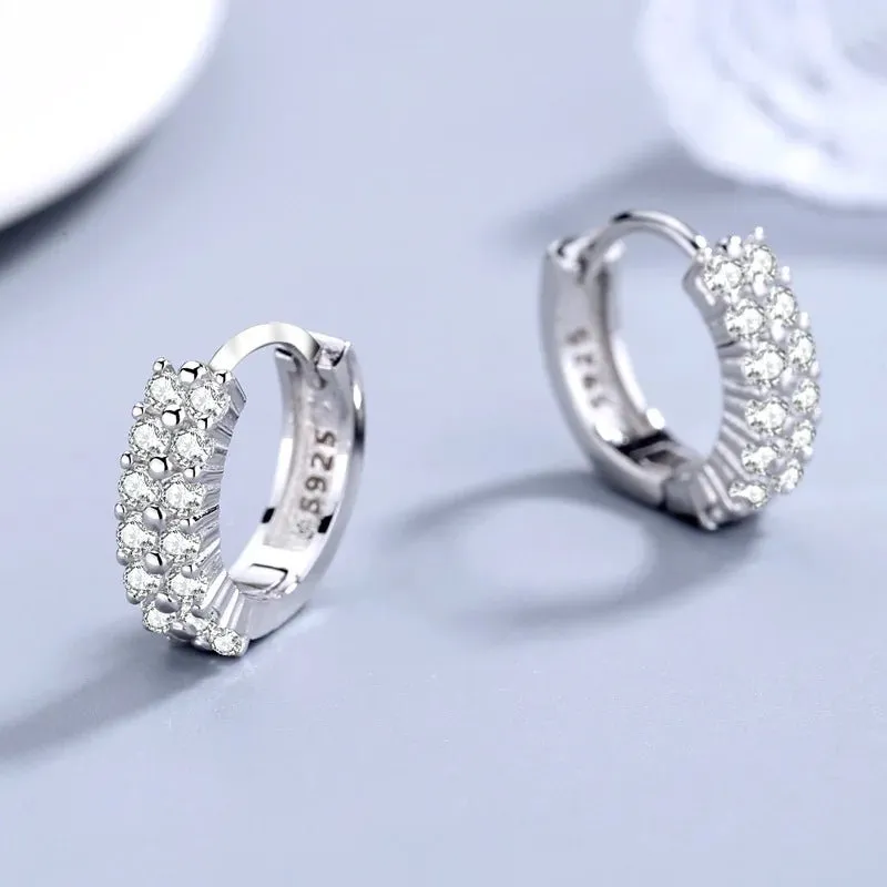 Double Row Zircon Round Stud Earrings Fashion  Jewelry Silver Needle