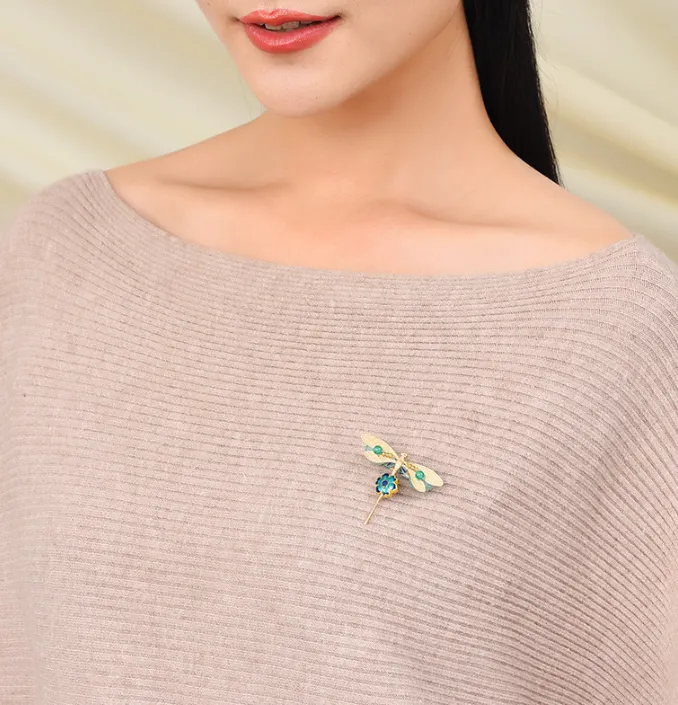 Dragonfly Brooch Flower Collar Pin Jade Brooch Vintage Brooches
