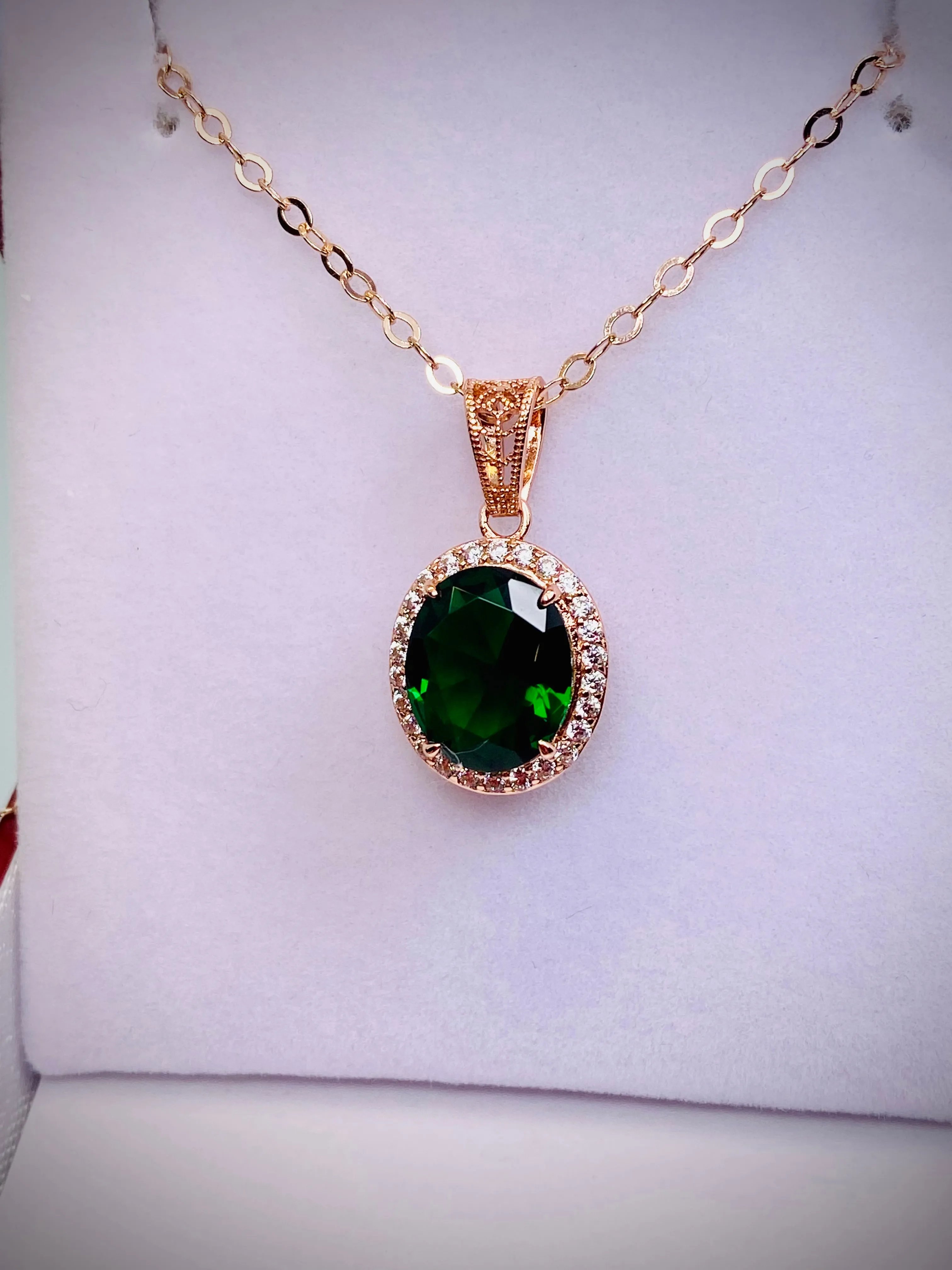 Emerald Halo Pendant, Rose Gold Jewelry, Art Deco Jewelry, P228