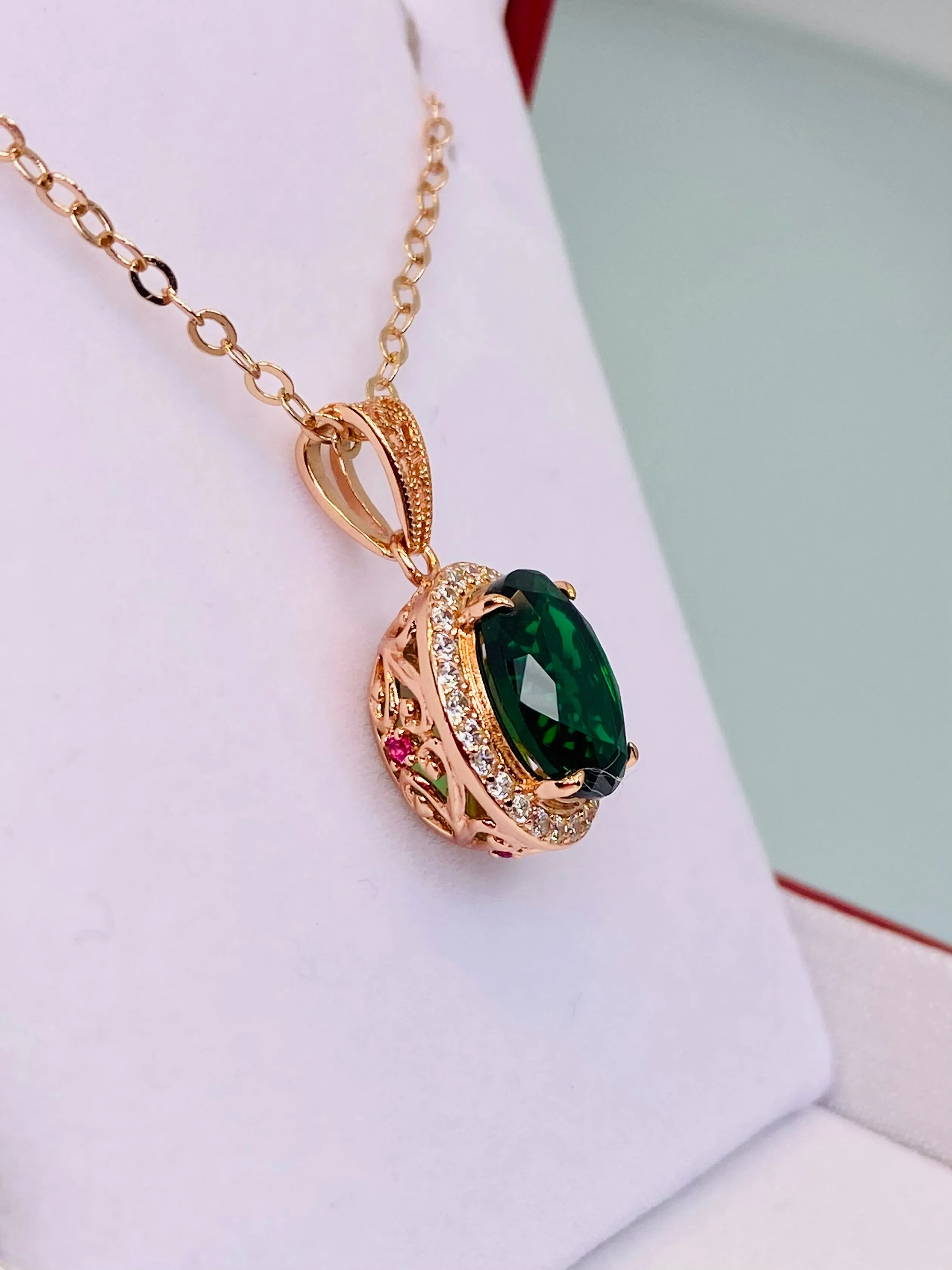 Emerald Halo Pendant, Rose Gold Jewelry, Art Deco Jewelry, P228