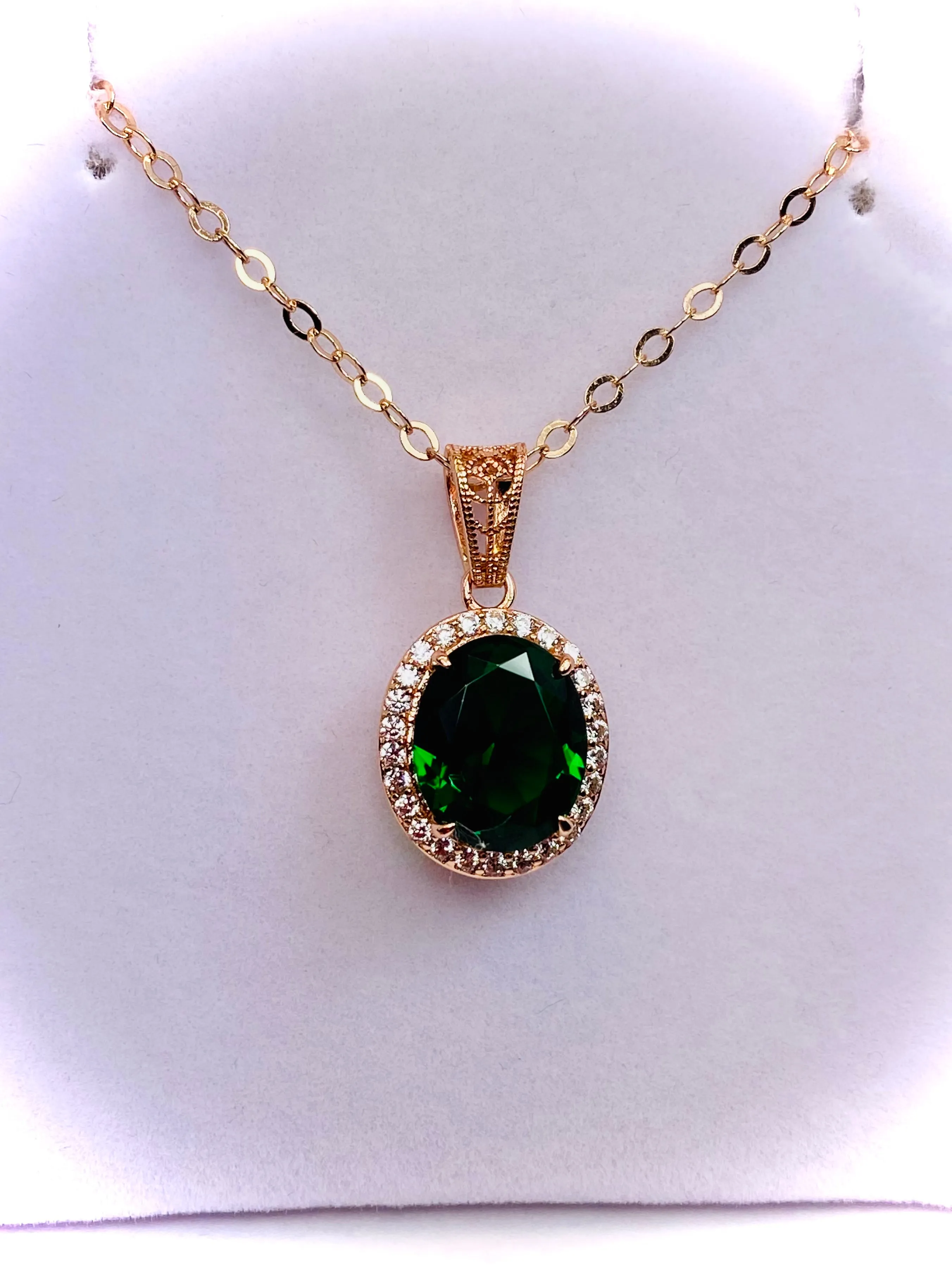 Emerald Halo Pendant, Rose Gold Jewelry, Art Deco Jewelry, P228
