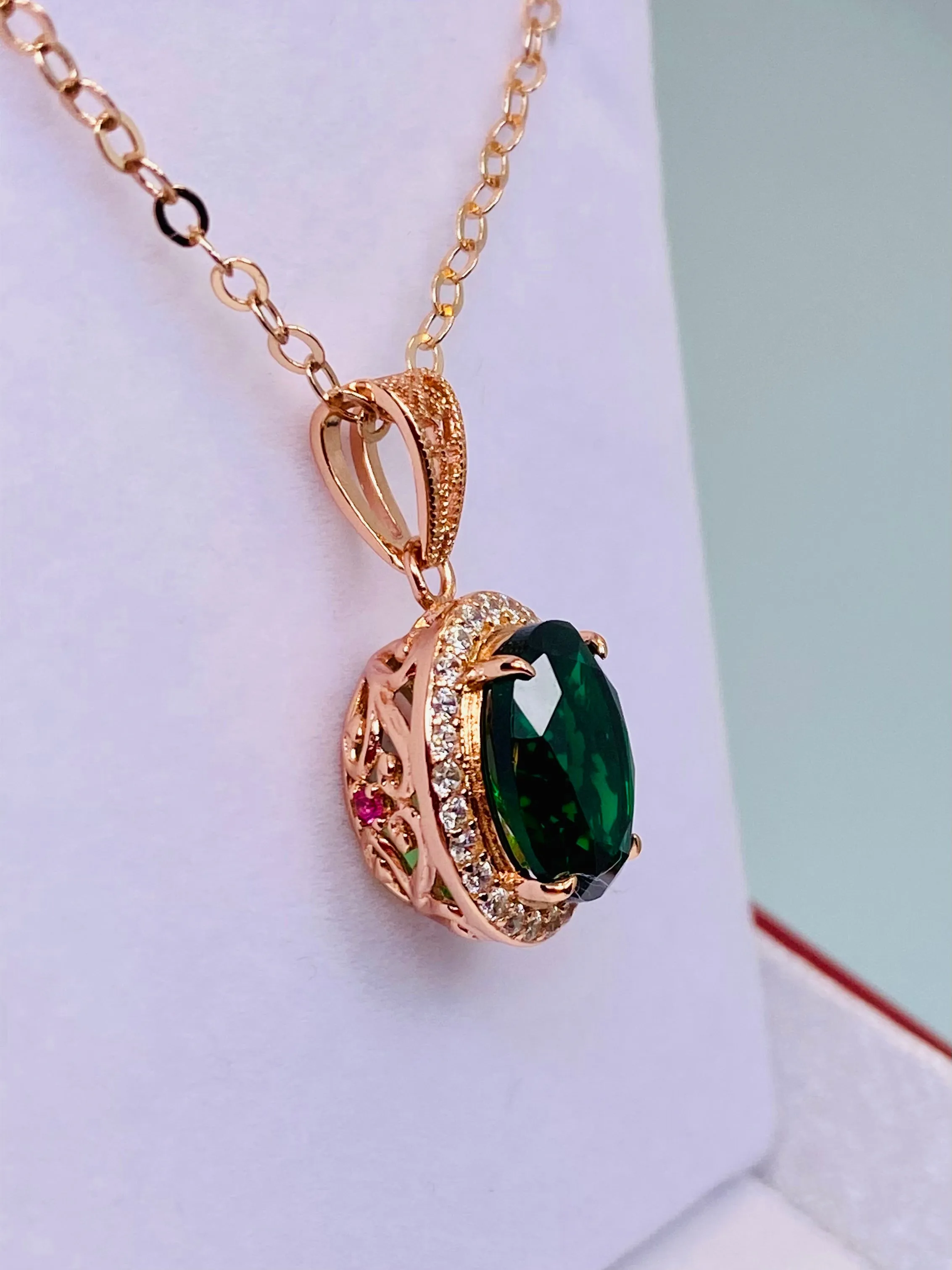Emerald Halo Pendant, Rose Gold Jewelry, Art Deco Jewelry, P228