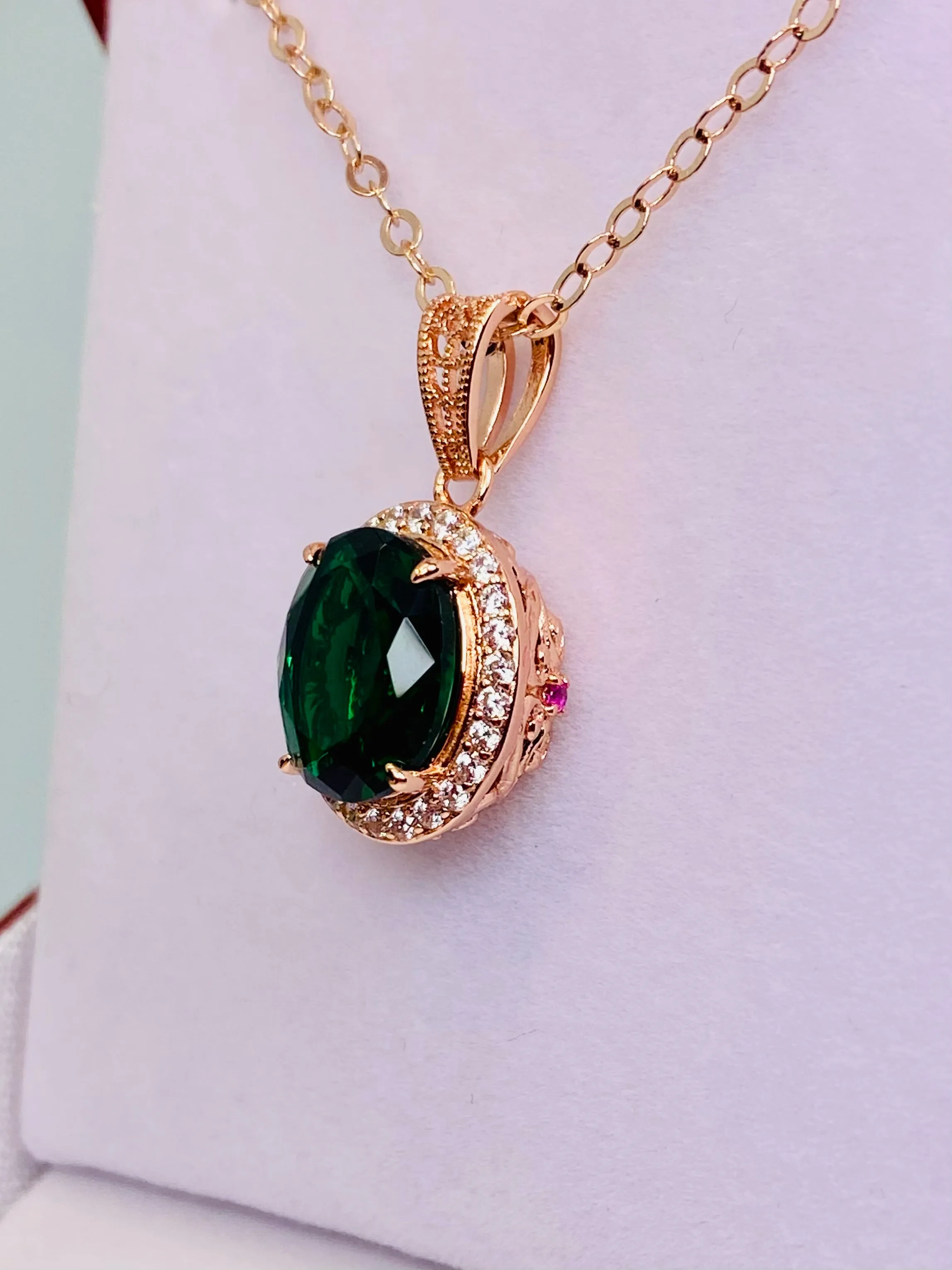Emerald Halo Pendant, Rose Gold Jewelry, Art Deco Jewelry, P228