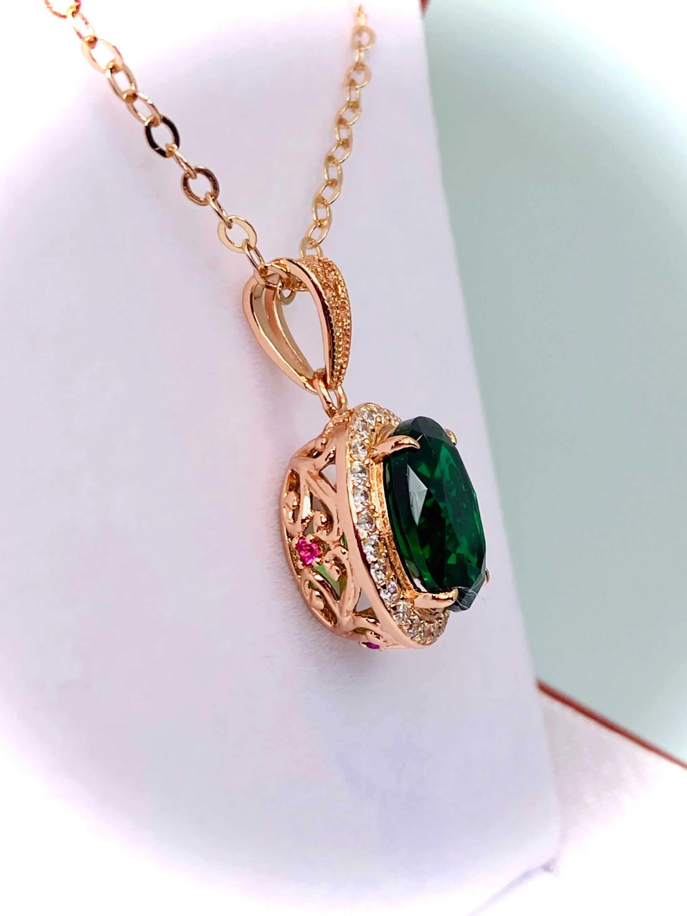 Emerald Halo Pendant, Rose Gold Jewelry, Art Deco Jewelry, P228