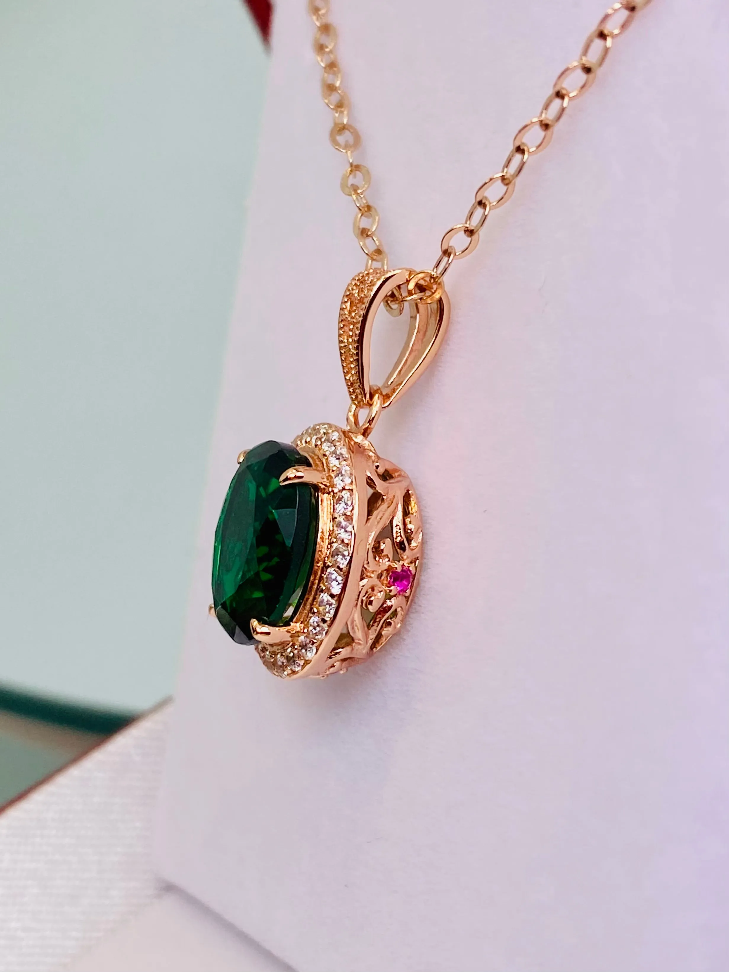 Emerald Halo Pendant, Rose Gold Jewelry, Art Deco Jewelry, P228