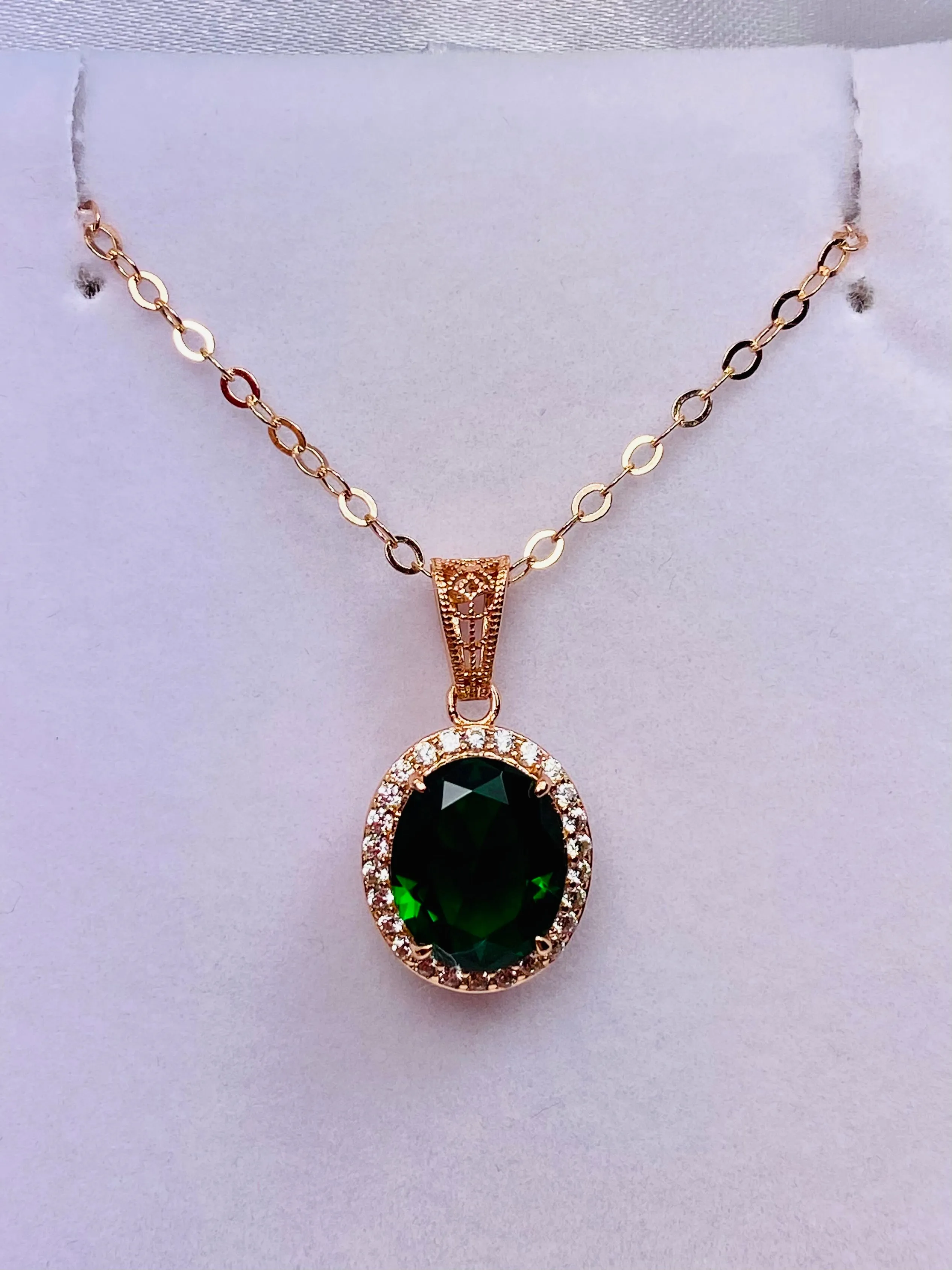 Emerald Halo Pendant, Rose Gold Jewelry, Art Deco Jewelry, P228