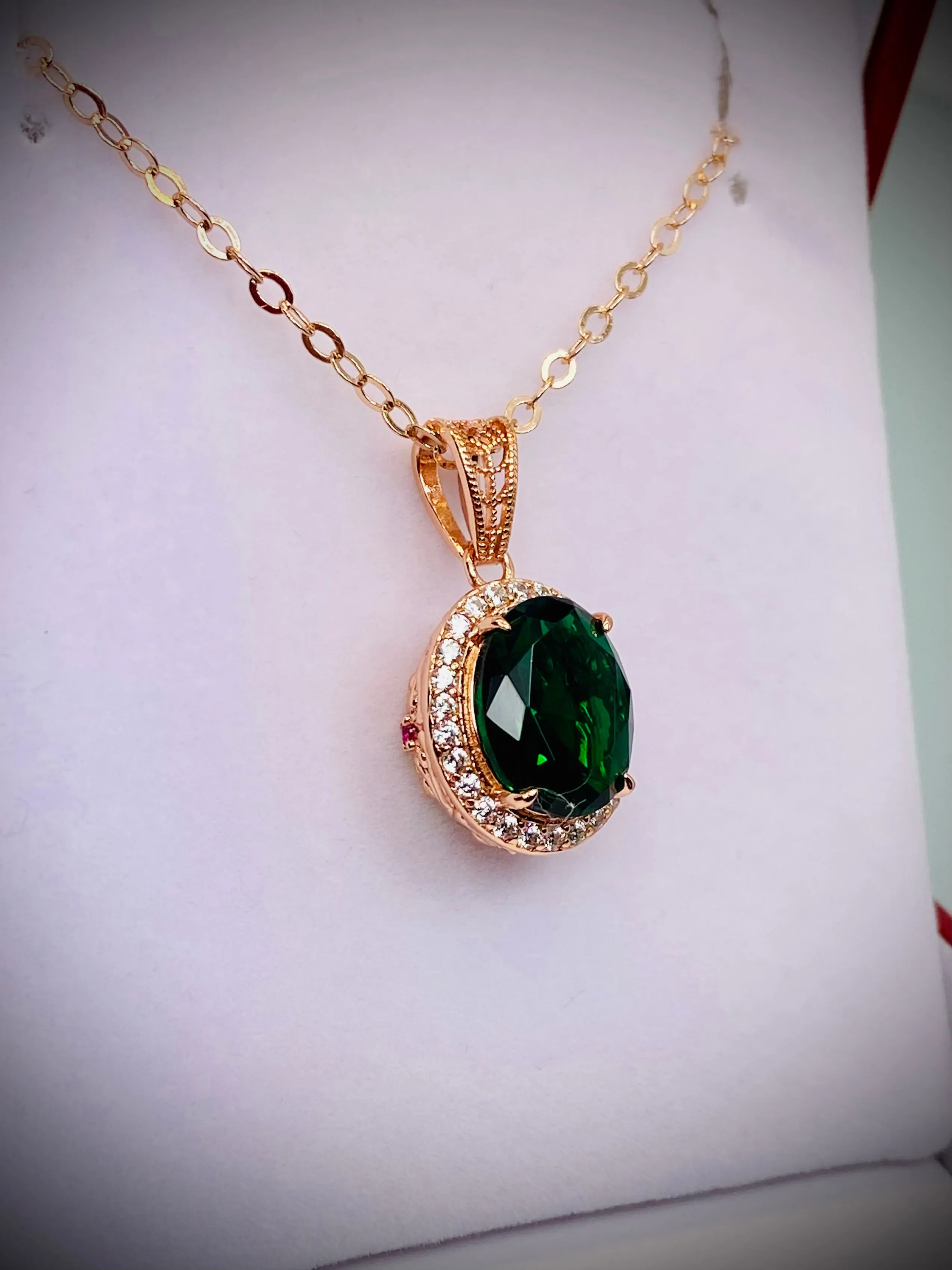 Emerald Halo Pendant, Rose Gold Jewelry, Art Deco Jewelry, P228