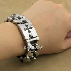 Engraving Service 316L Stainless Steel Deep Engraved Cross Mens Biker Rocker Punk Bracelet 5D306  9 Lengths Available
