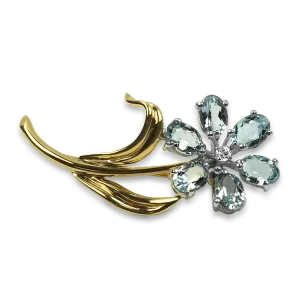 Estate 14k Yellow Gold Aquamarine Flower Brooch