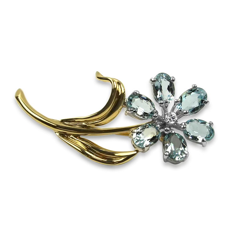 Estate 14k Yellow Gold Aquamarine Flower Brooch