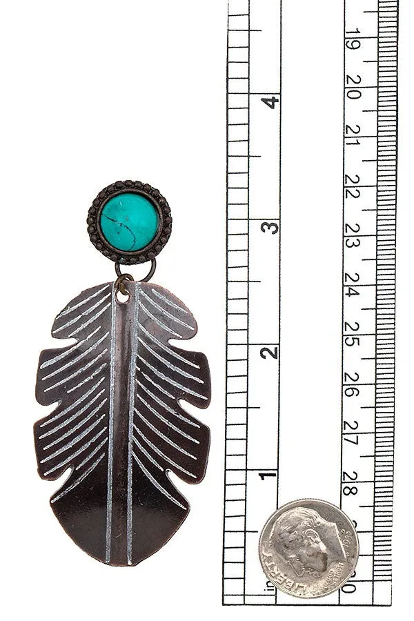 Etched Leaf Dangle Earrings In Turquoise & Silver Tone