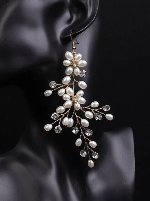 Extra Long Floral Pearl Earrings, Bridal Large Dangle Earrings, Wedding Pearl Flower Big Dangle Earrings