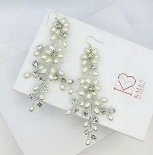 Extra Long Floral Pearl Earrings, Bridal Large Dangle Earrings, Wedding Pearl Flower Big Dangle Earrings