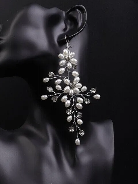 Extra Long Floral Pearl Earrings, Bridal Large Dangle Earrings, Wedding Pearl Flower Big Dangle Earrings