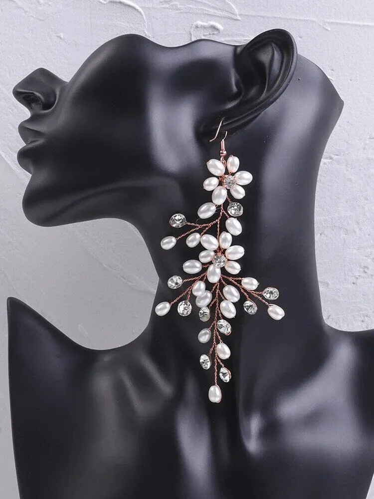 Extra Long Floral Pearl Earrings, Bridal Large Dangle Earrings, Wedding Pearl Flower Big Dangle Earrings