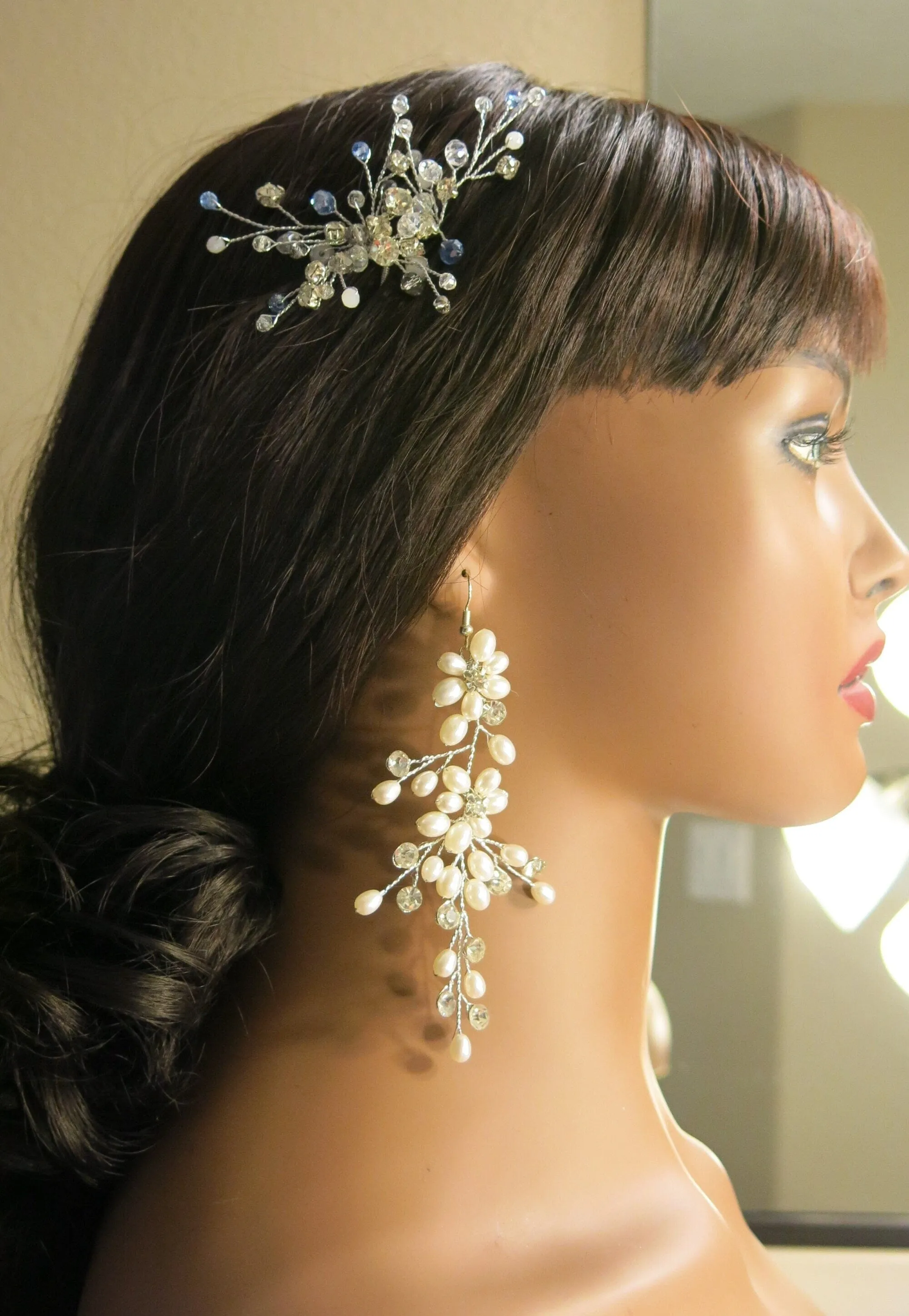 Extra Long Floral Pearl Earrings, Bridal Large Dangle Earrings, Wedding Pearl Flower Big Dangle Earrings
