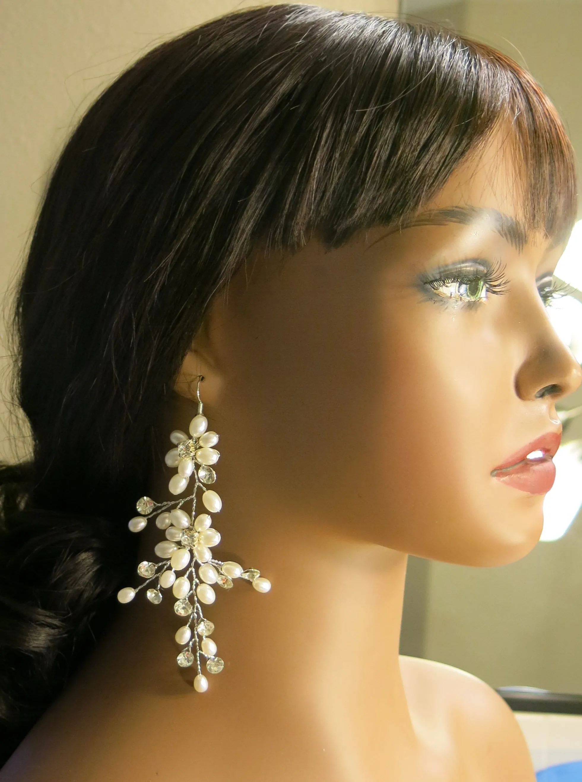 Extra Long Floral Pearl Earrings, Bridal Large Dangle Earrings, Wedding Pearl Flower Big Dangle Earrings