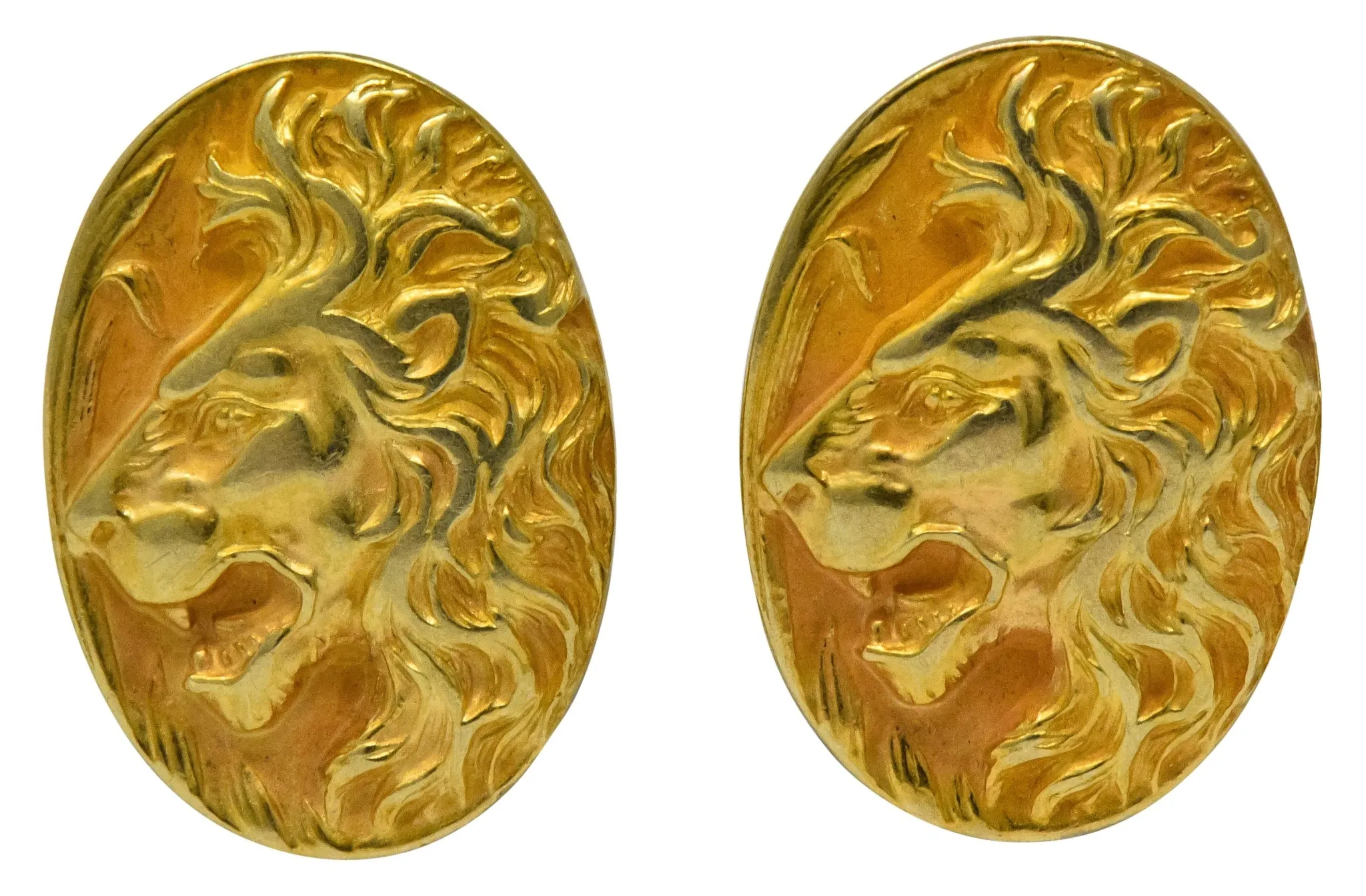 Fine Art Nouveau 14 Karat Gold Lion & Lioness Cufflinks
