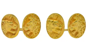 Fine Art Nouveau 14 Karat Gold Lion & Lioness Cufflinks