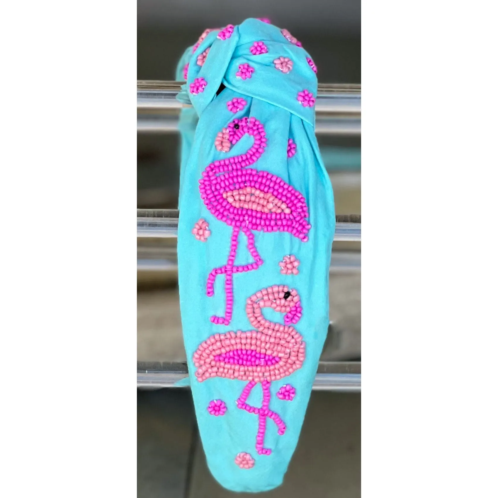 Flamingo Seed Beaded Top Knot Headband