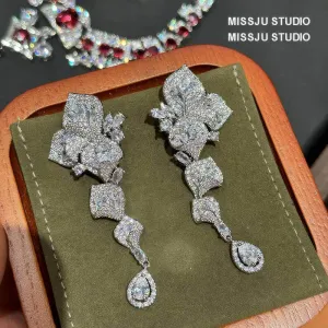 Floral Cutout Rhinestone Dangle Pave Crystal Earrings