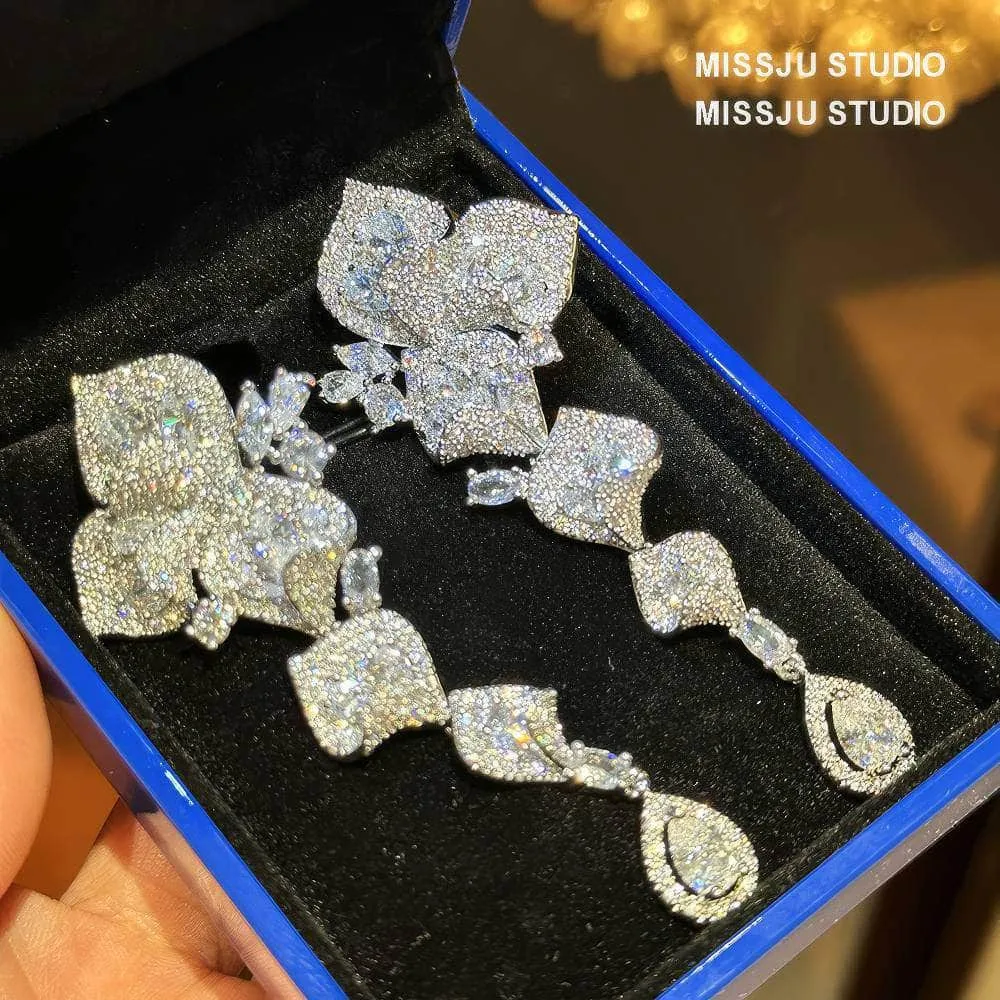 Floral Cutout Rhinestone Dangle Pave Crystal Earrings
