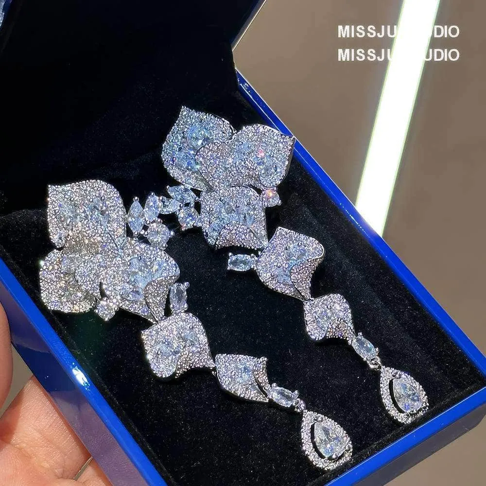 Floral Cutout Rhinestone Dangle Pave Crystal Earrings