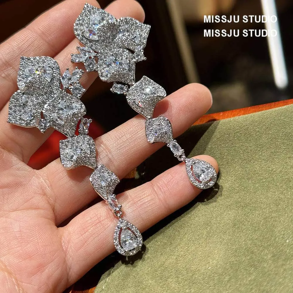Floral Cutout Rhinestone Dangle Pave Crystal Earrings