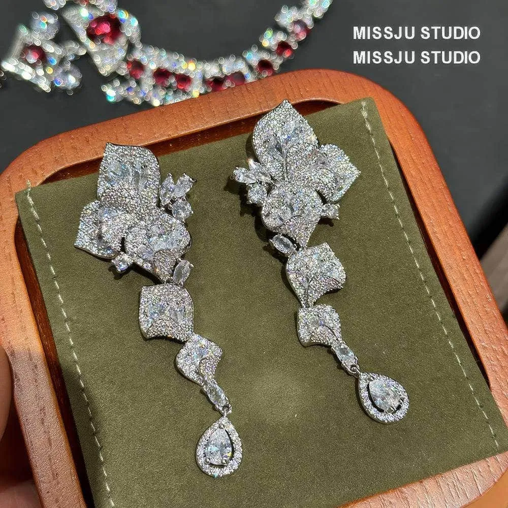 Floral Cutout Rhinestone Dangle Pave Crystal Earrings