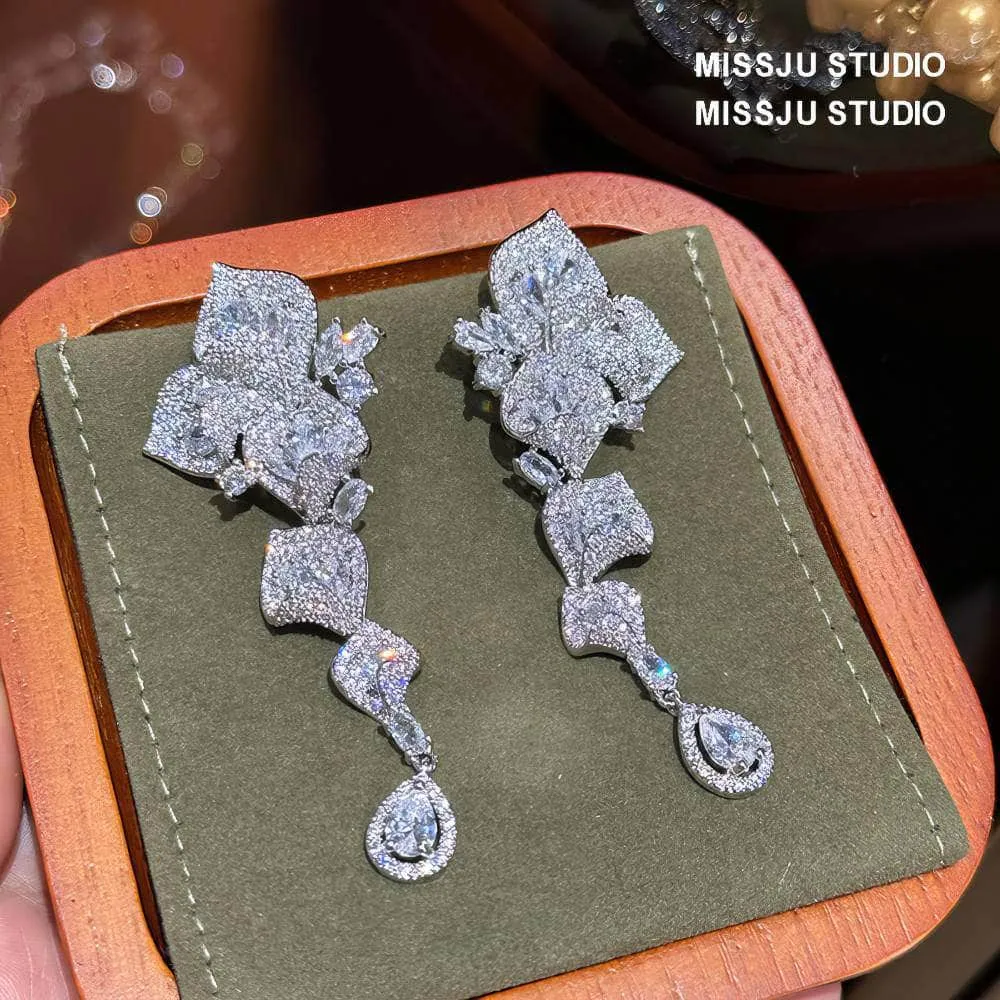 Floral Cutout Rhinestone Dangle Pave Crystal Earrings
