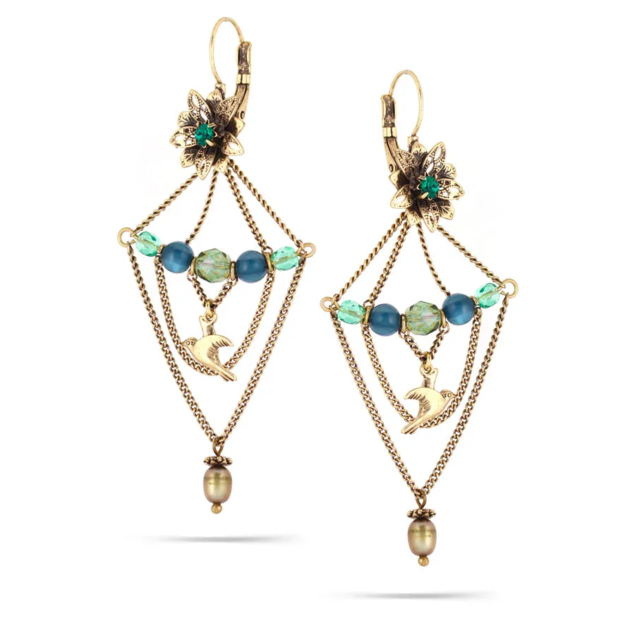 FLOWER AND BIRD DANGLE EARRINGS #215GN3601 (1D6/1B15)