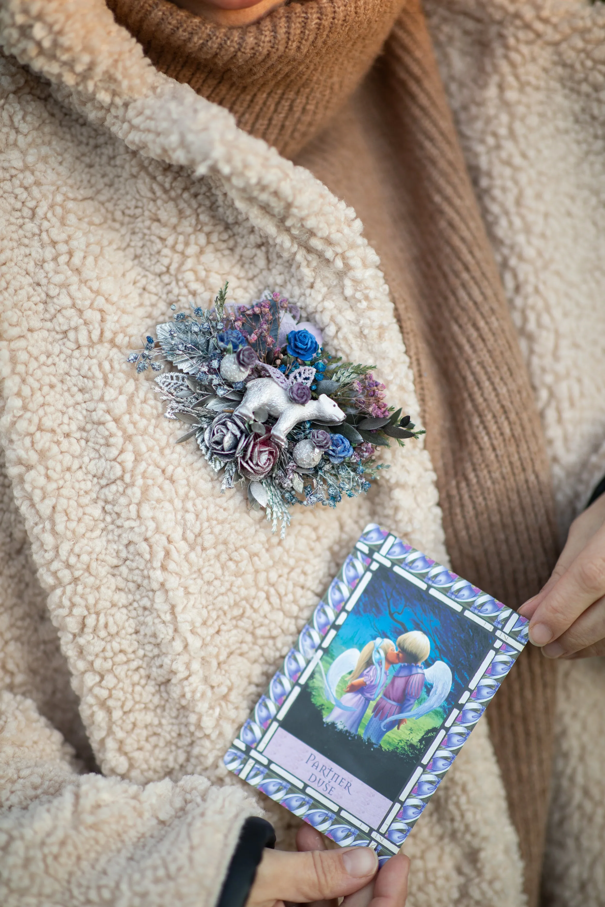 Flower brooch with polar bear Winter accessories photoshoot Wedding Gift for her Brooch for coat Flower jewellery Magaela Unique brooch