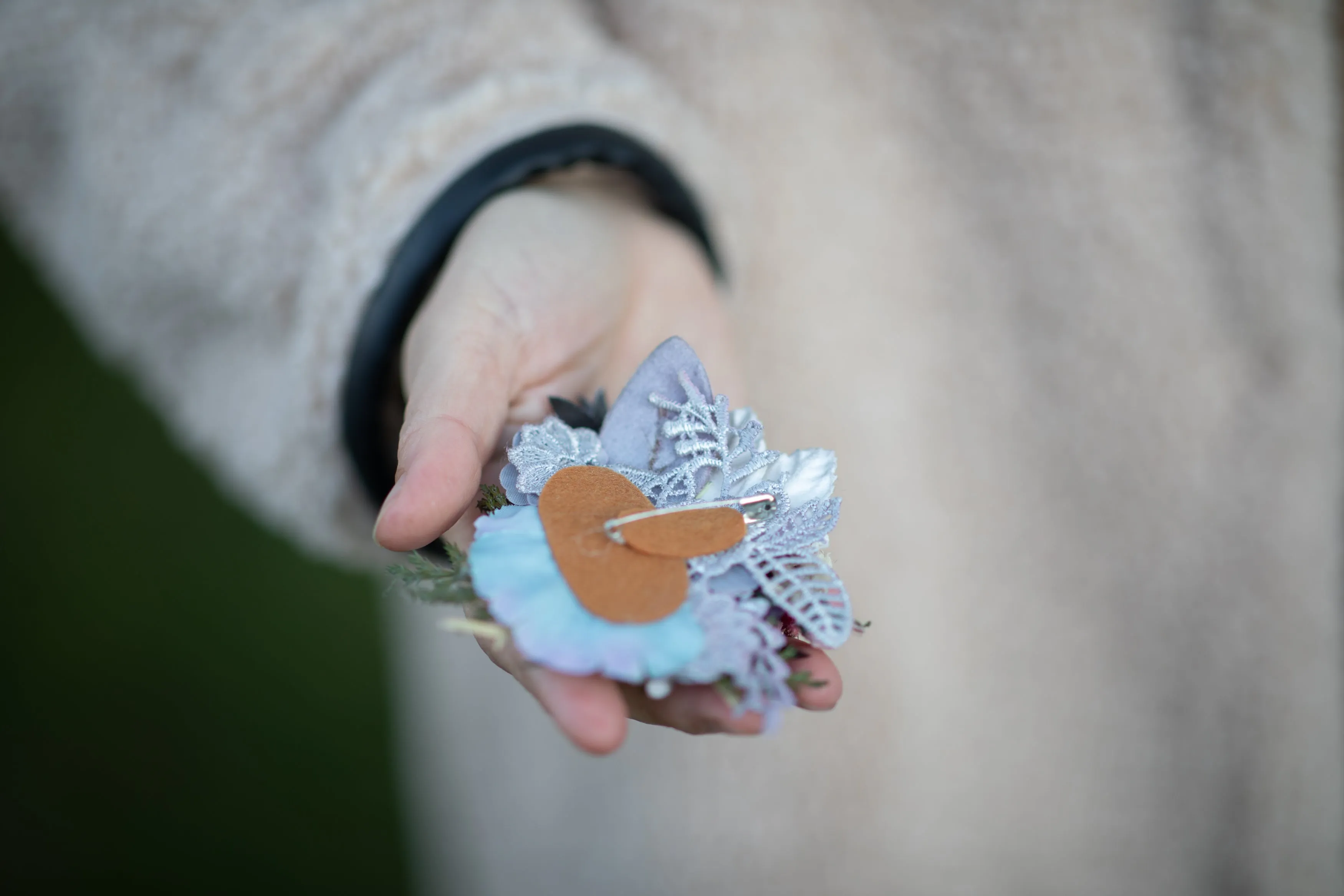 Flower brooch with polar bear Winter accessories photoshoot Wedding Gift for her Brooch for coat Flower jewellery Magaela Unique brooch