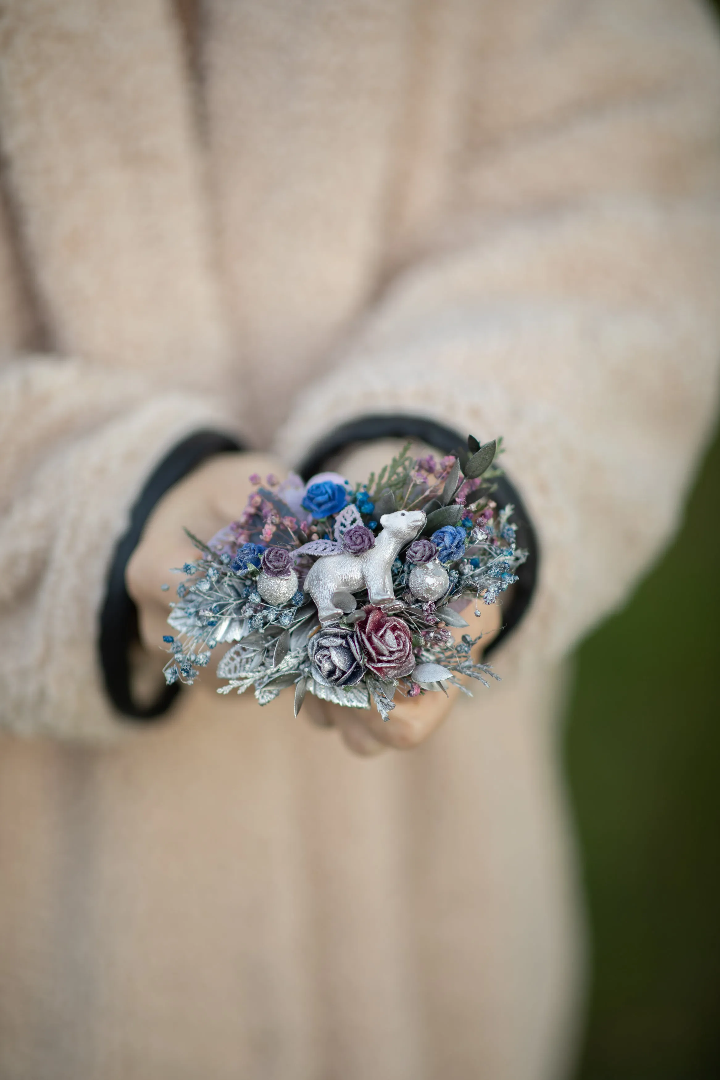 Flower brooch with polar bear Winter accessories photoshoot Wedding Gift for her Brooch for coat Flower jewellery Magaela Unique brooch