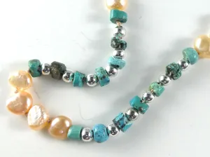 Freshwater Pearl and Turquoise Knotted Necklace