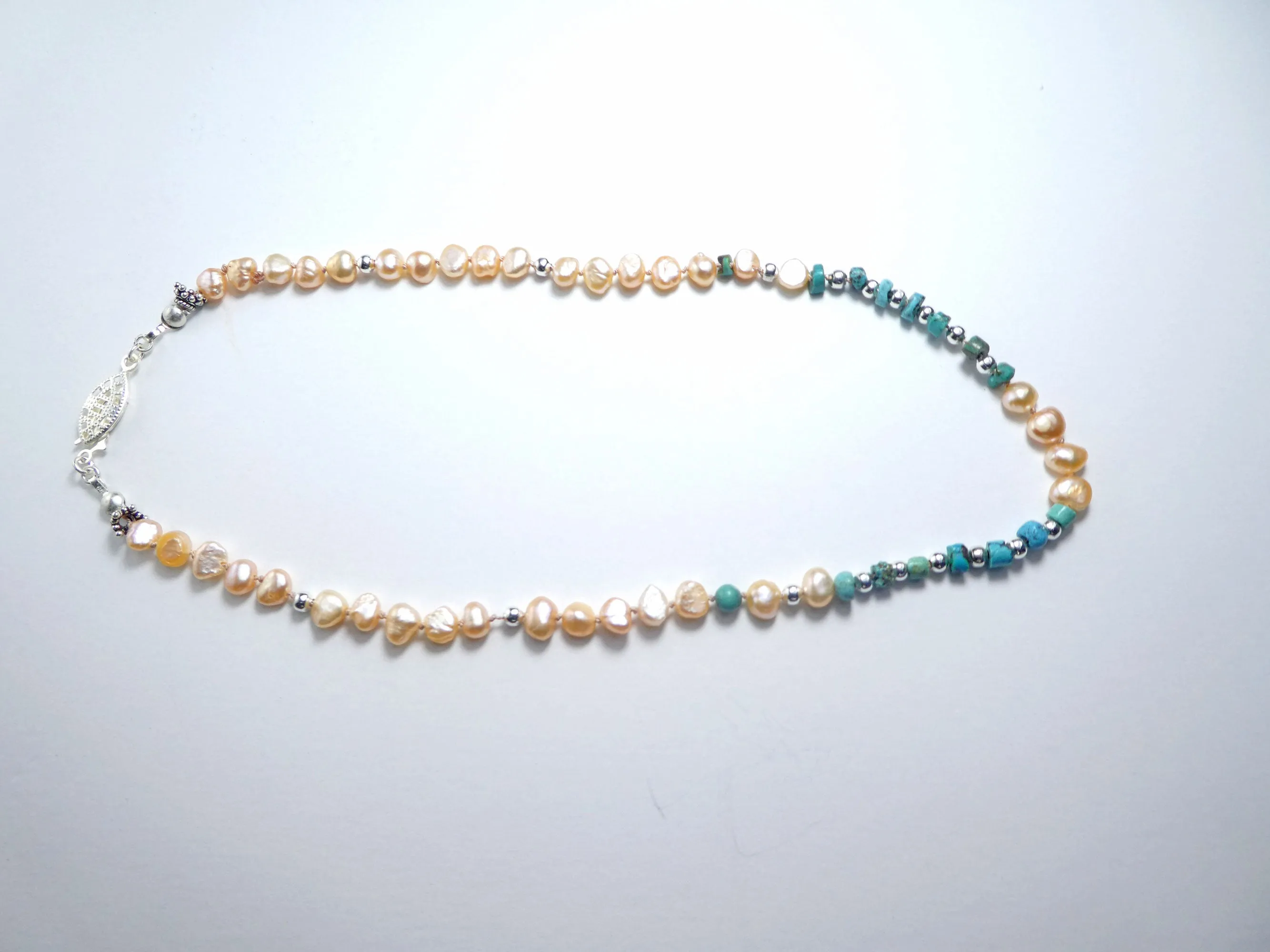 Freshwater Pearl and Turquoise Knotted Necklace