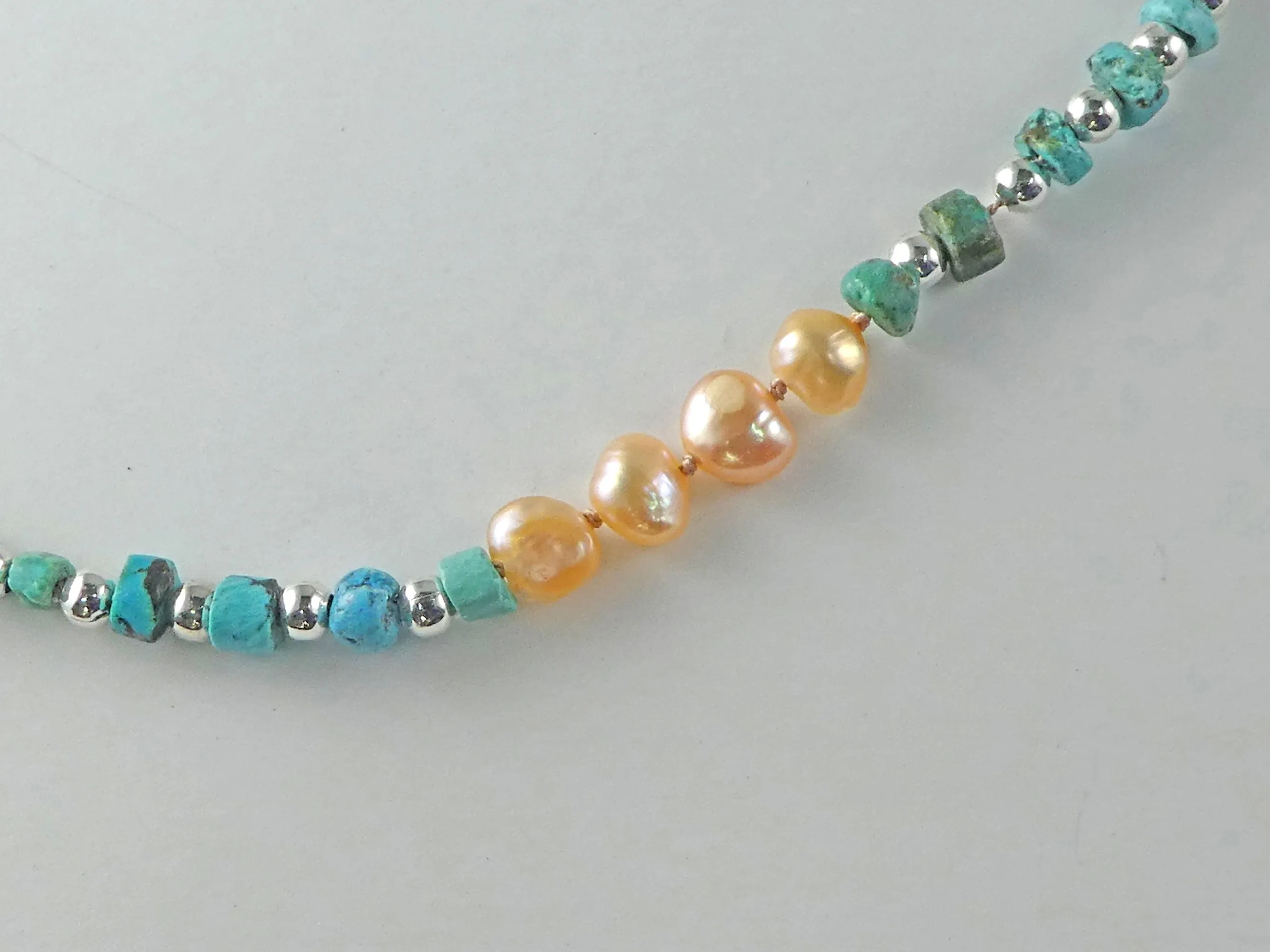 Freshwater Pearl and Turquoise Knotted Necklace