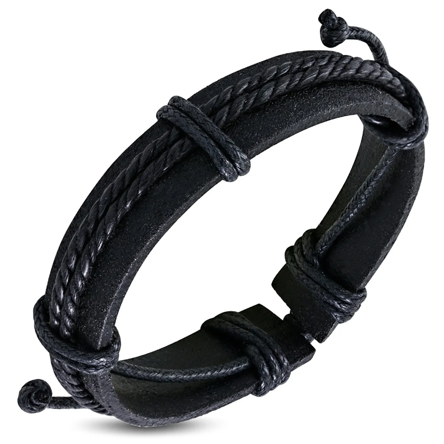 Genuine Black Leather Double Corded Wrap Rope Adjustable Bracelet