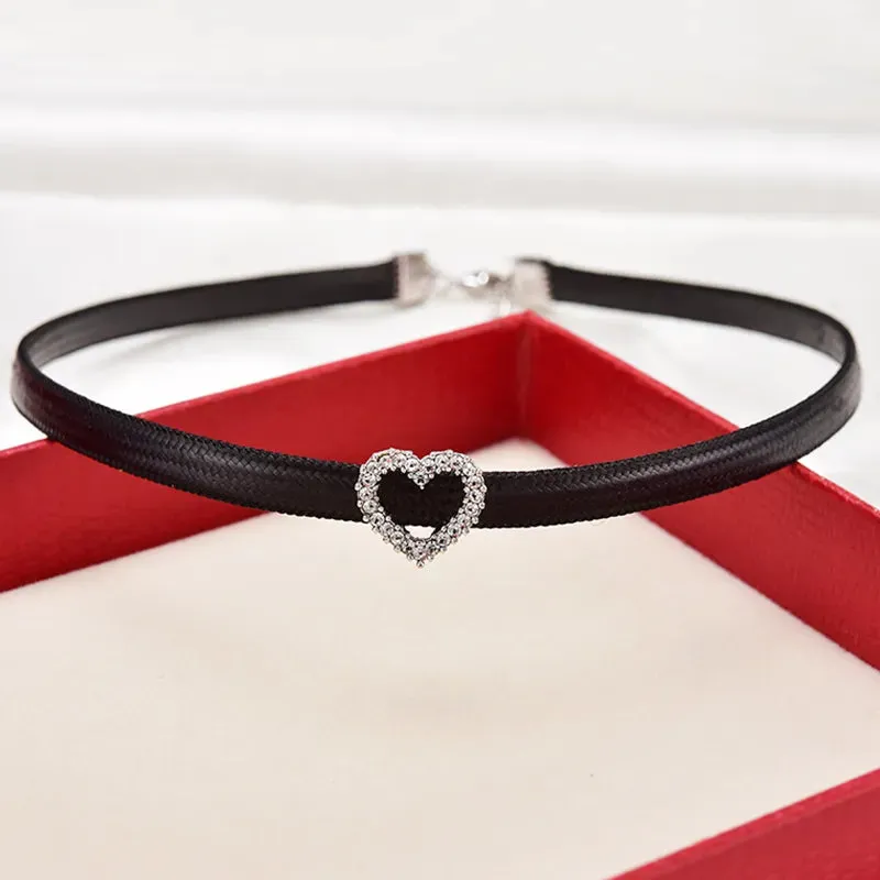 Glitter Shiny Cubic Zirconia Choker Pendant Sexy Black Leather Short Necklace for Women Aesthetic Jewelry Accessories